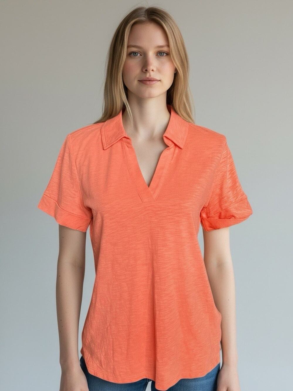 NWOT Talbots Coral Johnny Collar Cotton Modal Roll Tab Short Sleeve Top Small
